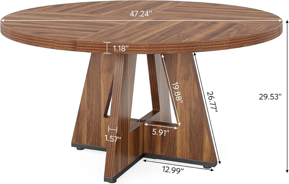 Wooden round table with dimensions marked on a white background
