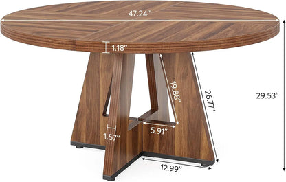 Wooden round table with dimensions marked on a white background