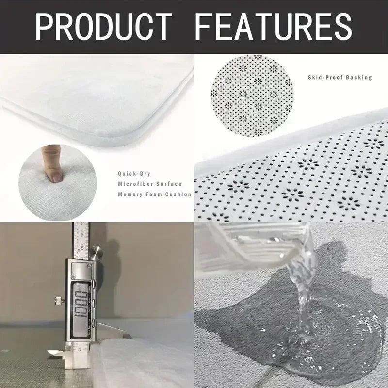 Product features of a shower mat with quick-dry surface, memory foam cushion, and water resistance.