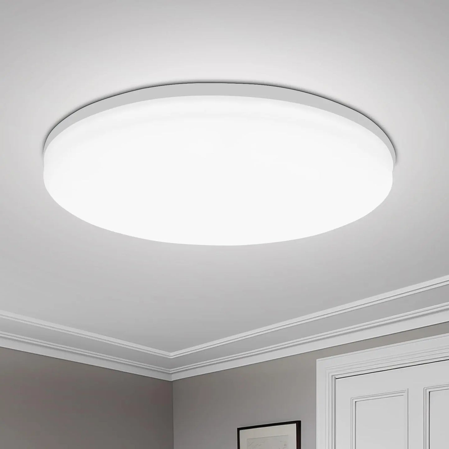 Ceiling light fixture in a room with white walls and trim