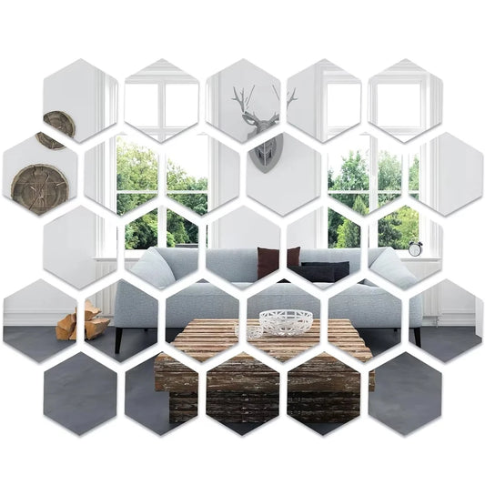 Hexagonal mirror tiles arranged on a white background