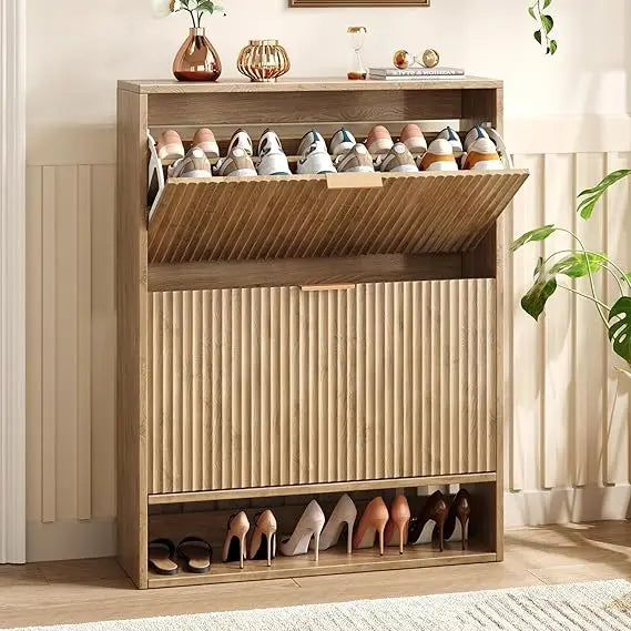 31.5''W Oak Shoe Storage Cabinet for Entryway With 2 Flip Drawers