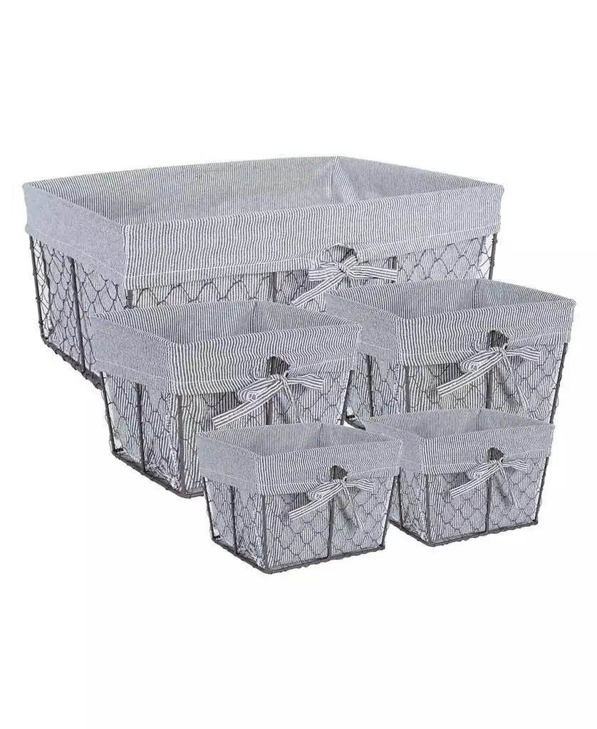 Set of five vintage-inspired wire storage baskets with gray ticking-stripe fabric liners and decorative bows.