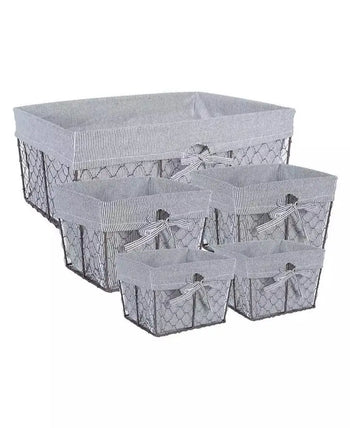 Set of five vintage-inspired wire storage baskets with gray ticking-stripe fabric liners and decorative bows.