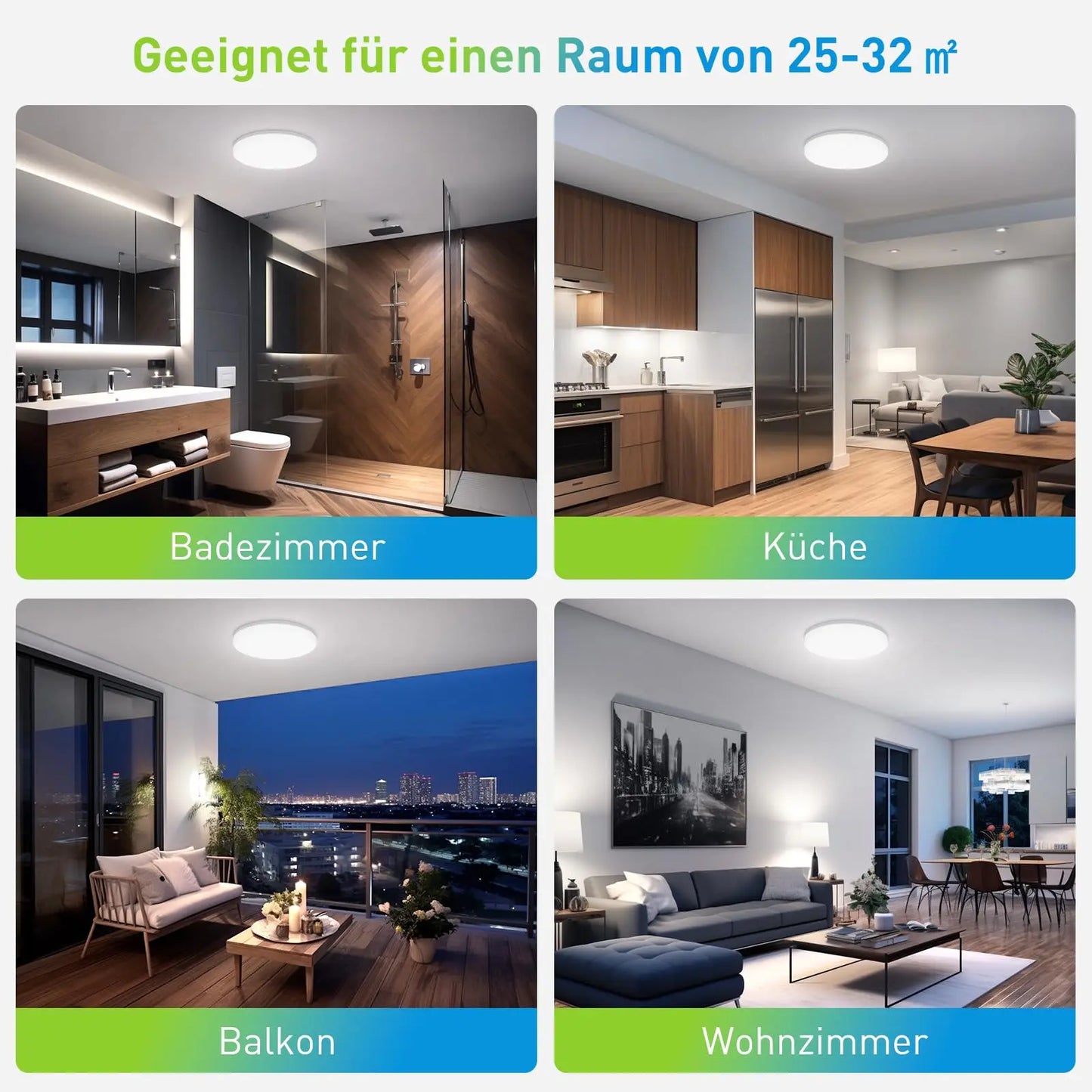 Collage of four rooms with different lighting conditions: bathroom, kitchen, balcony, and living room.