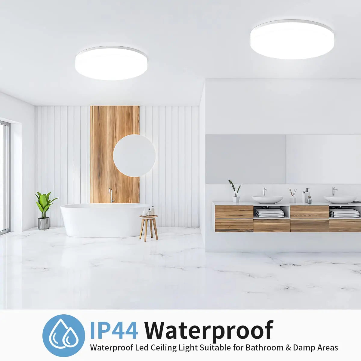 Modern bathroom with waterproof LED ceiling lights, suitable for bathrooms and damp areas.