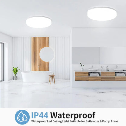 Modern bathroom with waterproof LED ceiling lights, suitable for bathrooms and damp areas.