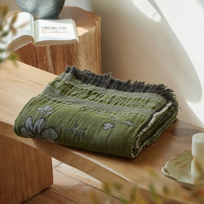 Vintage Jacquard Cotton Throw Blanket with Tassel Fringe