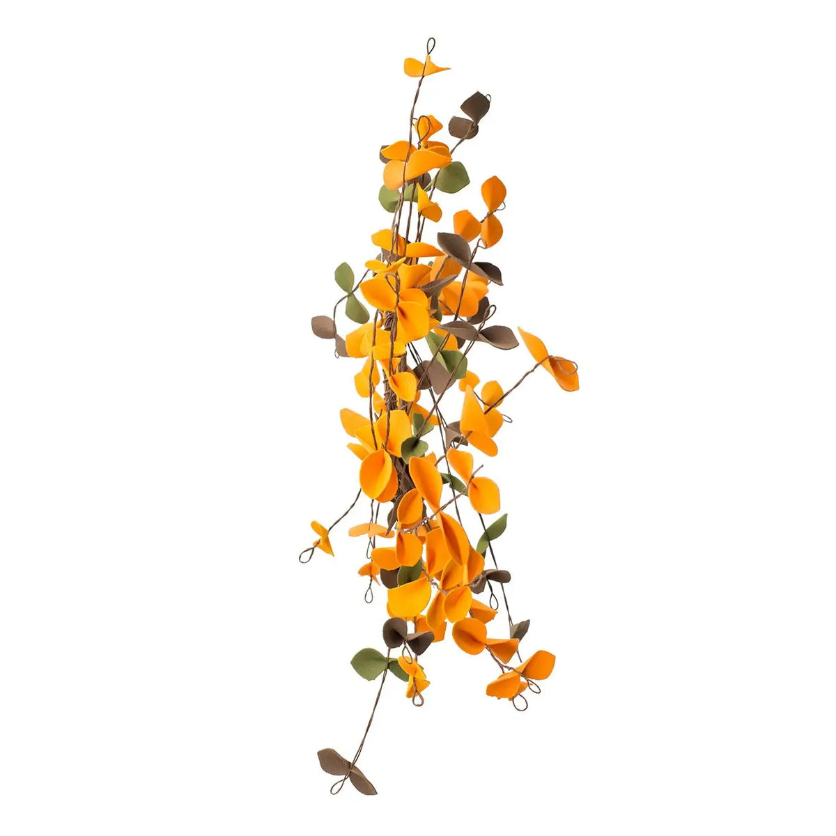 Artificial floral vine with orange flowers and green leaves on a white background