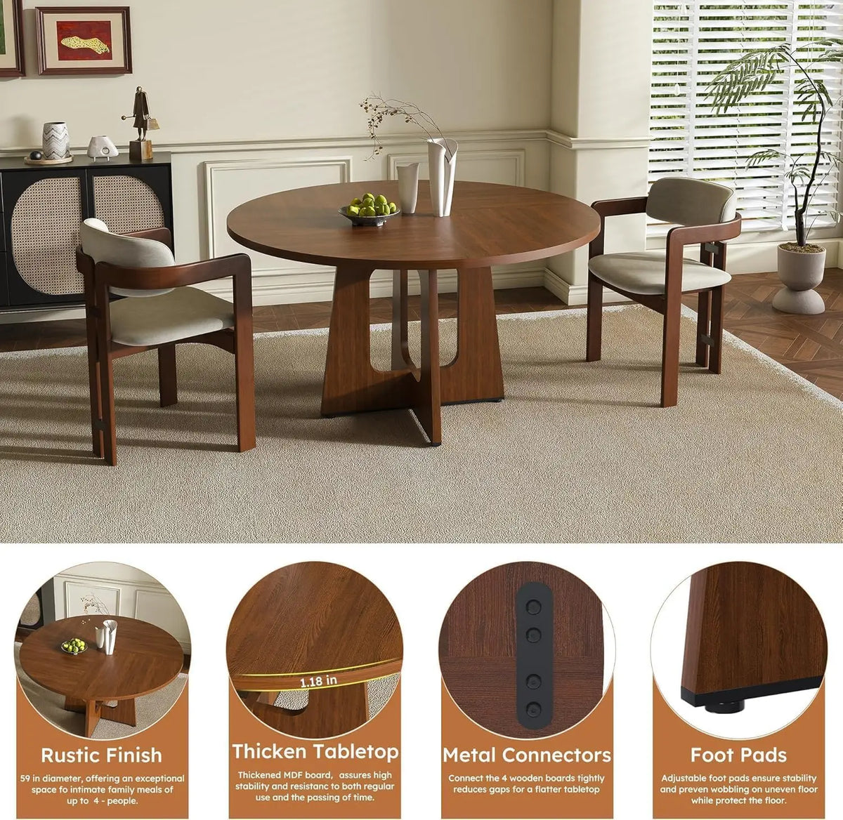 Round wooden dining table with four matching armchairs in a styled dining room. The image includes four circular detail callouts at the bottom highlighting features such as rustic finish, thickened tabletop, metal connectors, and foot pads.