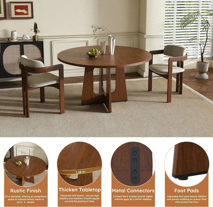 Round wooden dining table with four matching armchairs in a styled dining room. The image includes four circular detail callouts at the bottom highlighting features such as rustic finish, thickened tabletop, metal connectors, and foot pads.