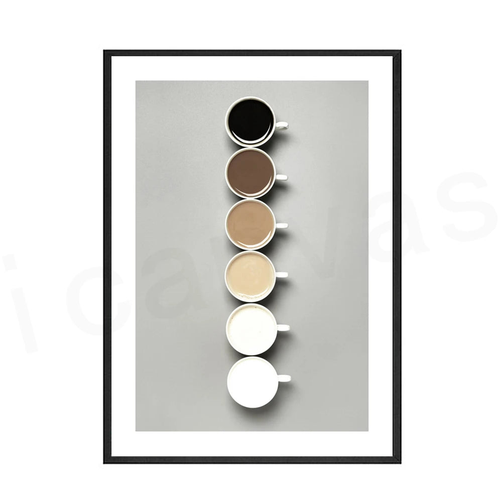 Framed artwork of six coffee cups in various colors on a gray background