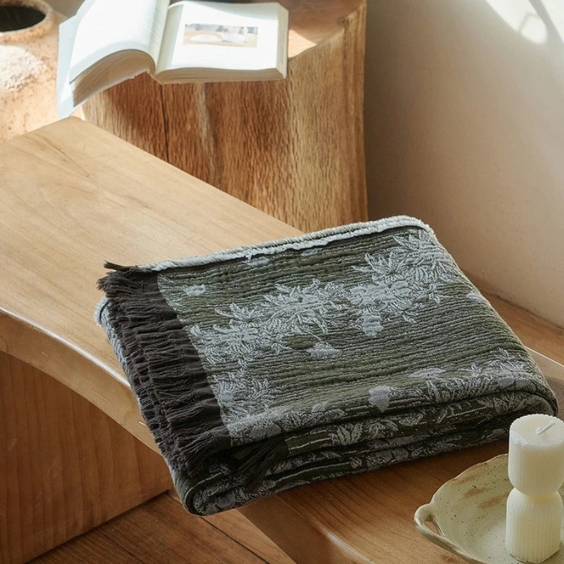 Vintage Jacquard Cotton Throw Blanket with Tassel Fringe