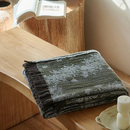 Vintage Jacquard Cotton Throw Blanket with Tassel Fringe