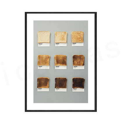 Framed artwork of toasted bread with labels on a gray background