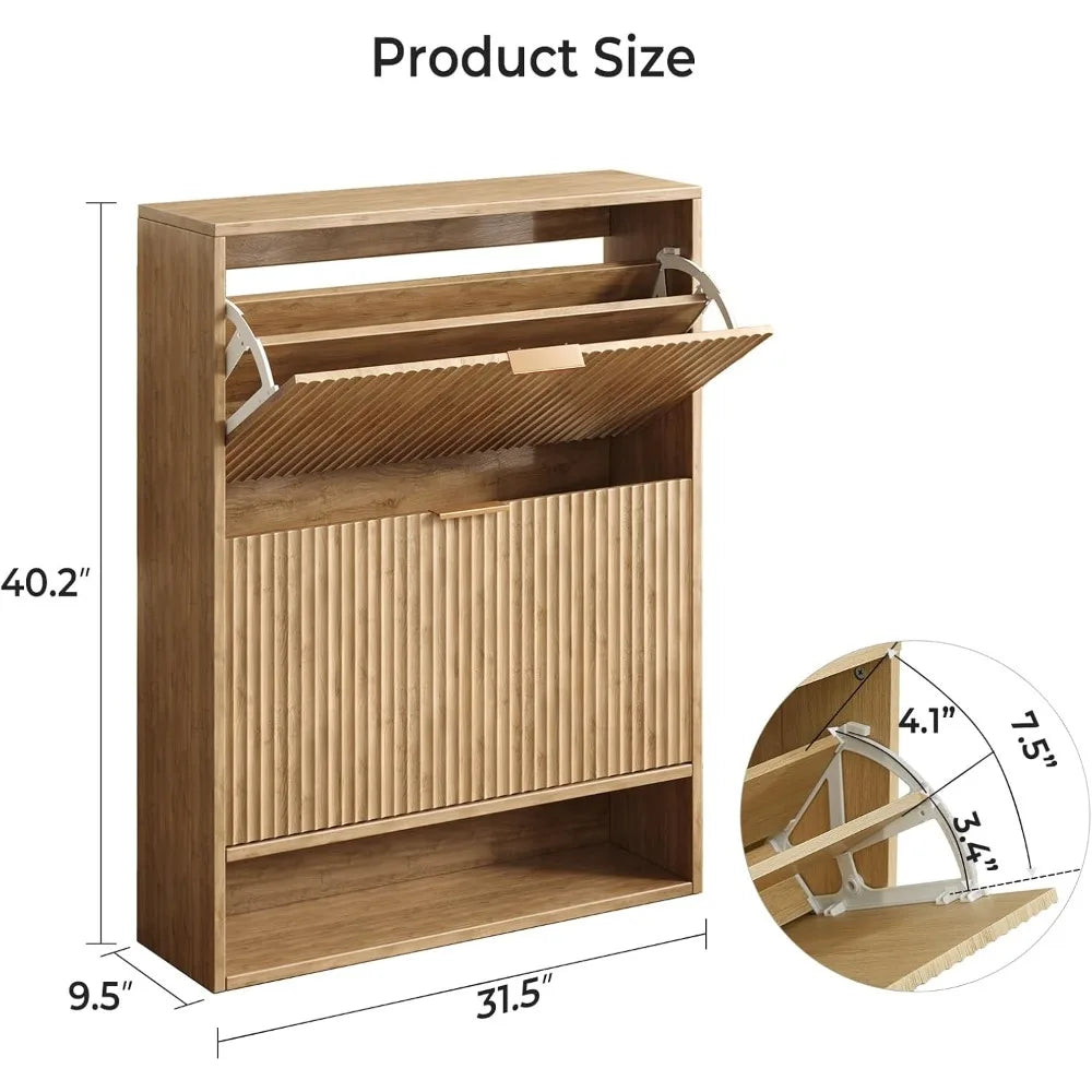 31.5''W Oak Shoe Storage Cabinet for Entryway With 2 Flip Drawers