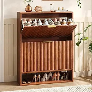 31.5''W Oak Shoe Storage Cabinet for Entryway With 2 Flip Drawers