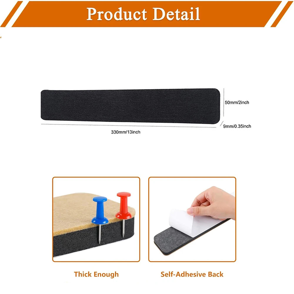 Black magnetic strip with measurements and usage examples on a white background
