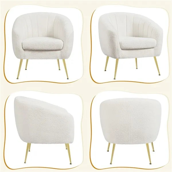 Ivory Tufted Bouclé Barrel Accent Chair with Gold Metal Legs