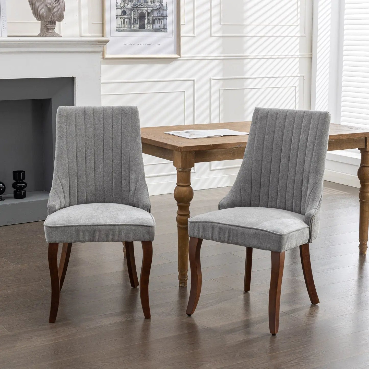 Curved Solid Wood Flocking Linen Side Chair (Single)