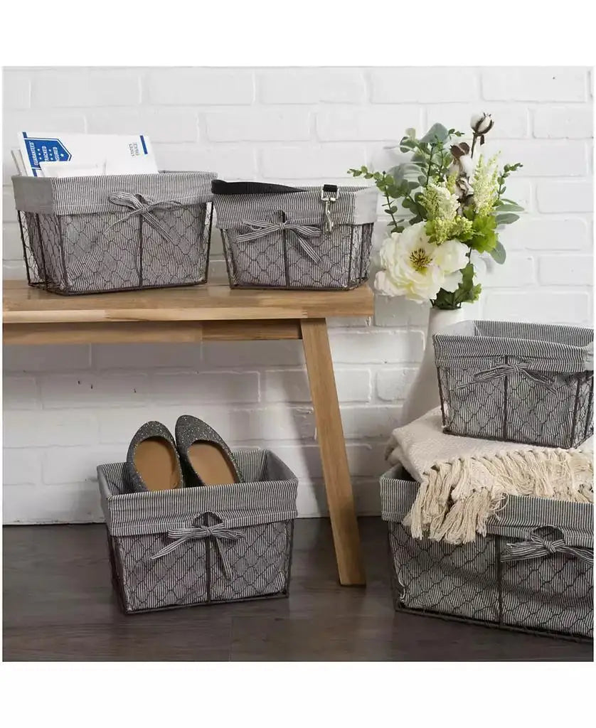 Vintage-style lined wire baskets used for shoes, blankets, mail, and decorative home storage.