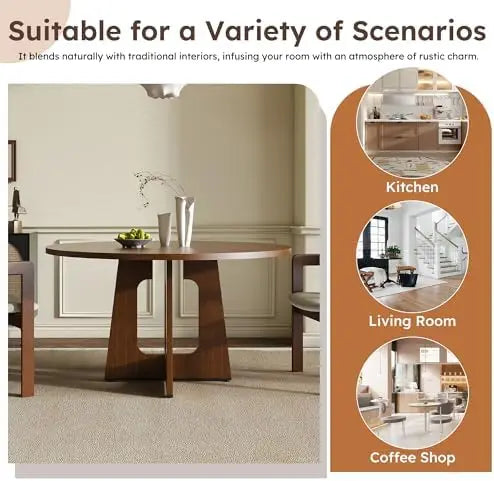 A round wooden dining table with a sculptural pedestal base in a warm medium brown finish, shown in a styled interior setting. The image includes marketing text reading 'Suitable for a Variety of Scenarios' and circular inset photos labeled Kitchen, Living Room, and Coffee Shop on the right.
