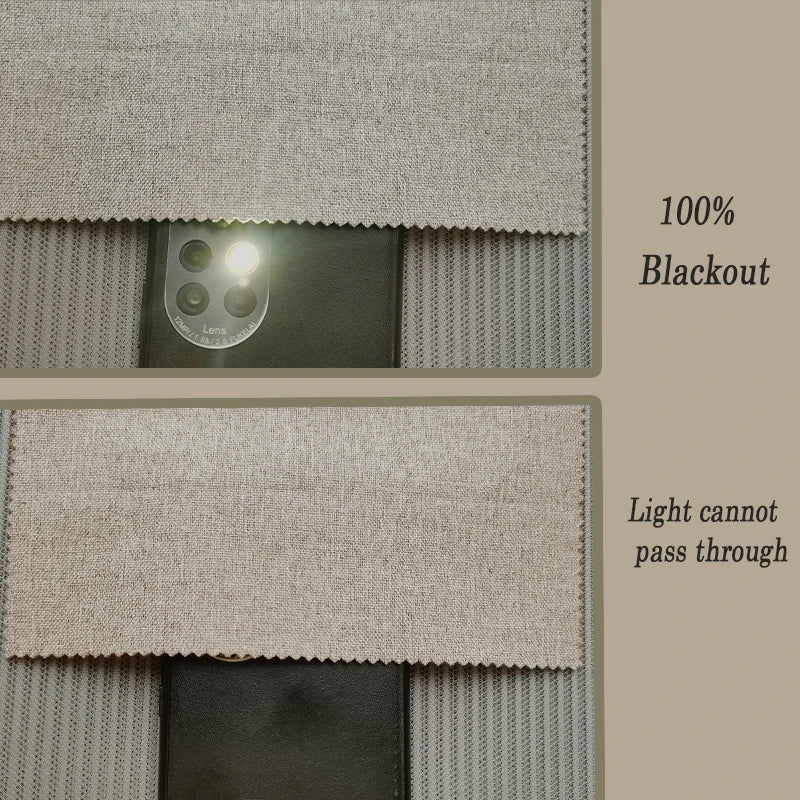 Textured window blind with a light shining through, labeled as 100% blackout.