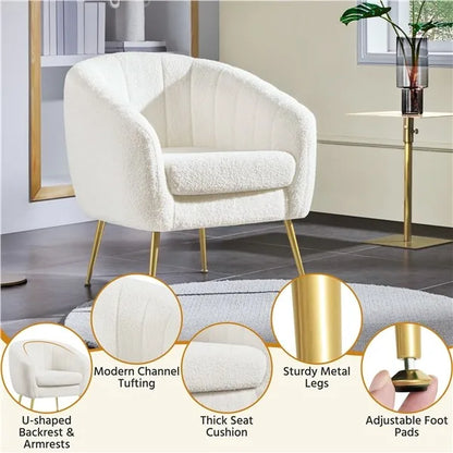 Ivory Tufted Bouclé Barrel Accent Chair with Gold Metal Legs