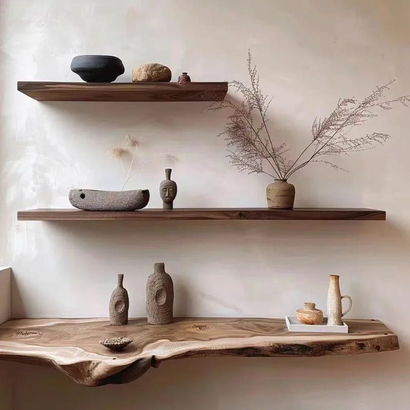 Wooden shelves with ceramic items against a plain wall