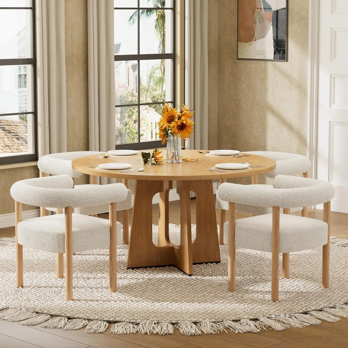 A round wooden dining table with a sculptural pedestal base, surrounded by six upholstered dining chairs in a warm, modern dining room setting.