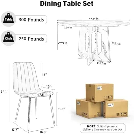 47-inch round dining table and chair dimensions with approximate table and chair weight capacities.