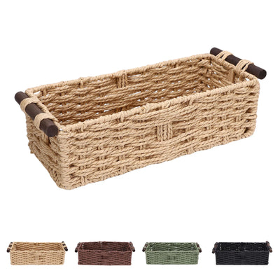 Woven storage basket with brown handles on a white background