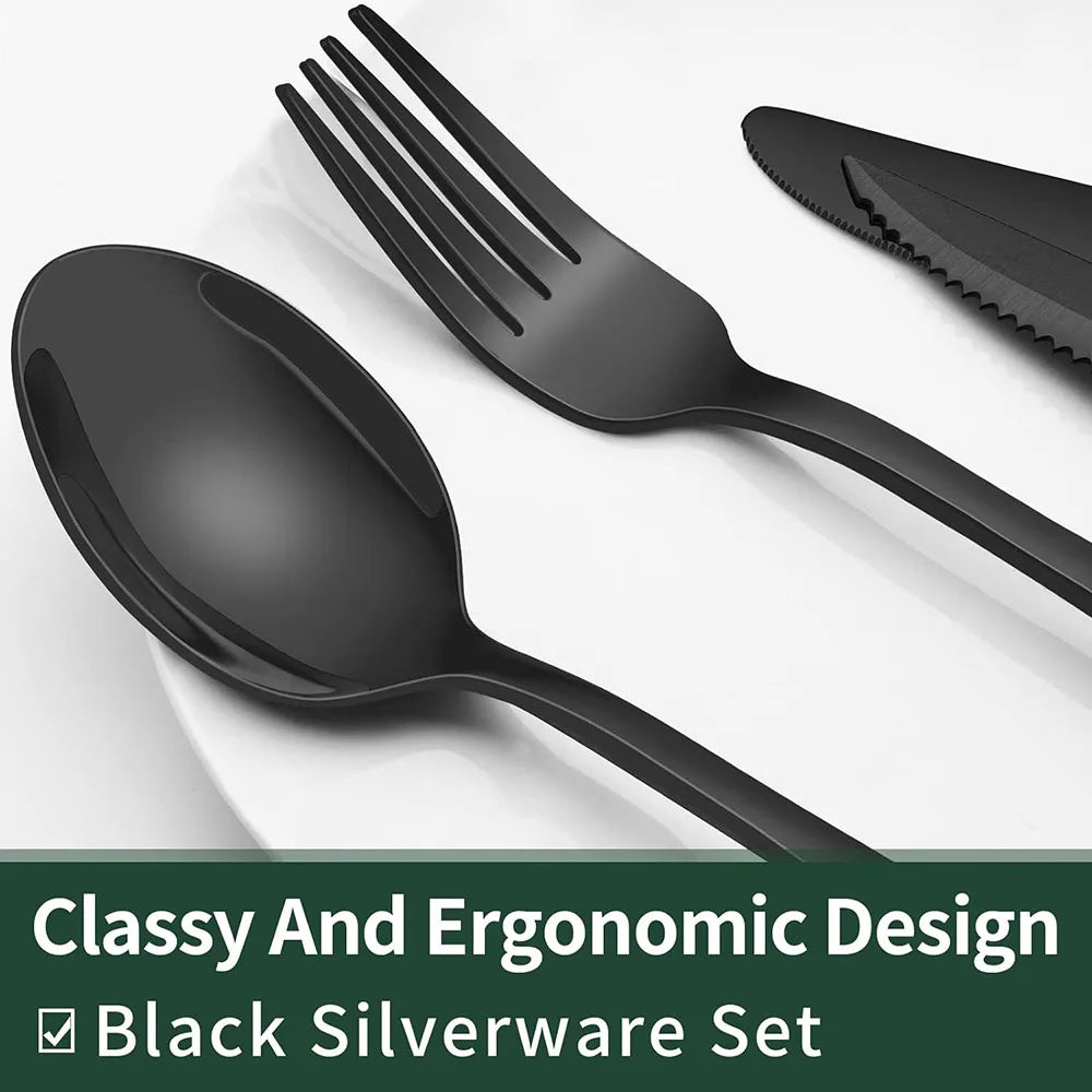 Black silverware set including spoon, fork, and knife on a white background with text 'Classy And Ergonomic Design Black Silverware Set'.