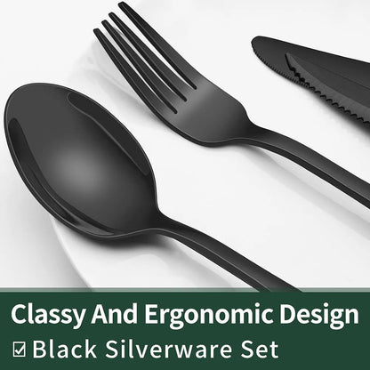 Black silverware set including spoon, fork, and knife on a white background with text 'Classy And Ergonomic Design Black Silverware Set'.