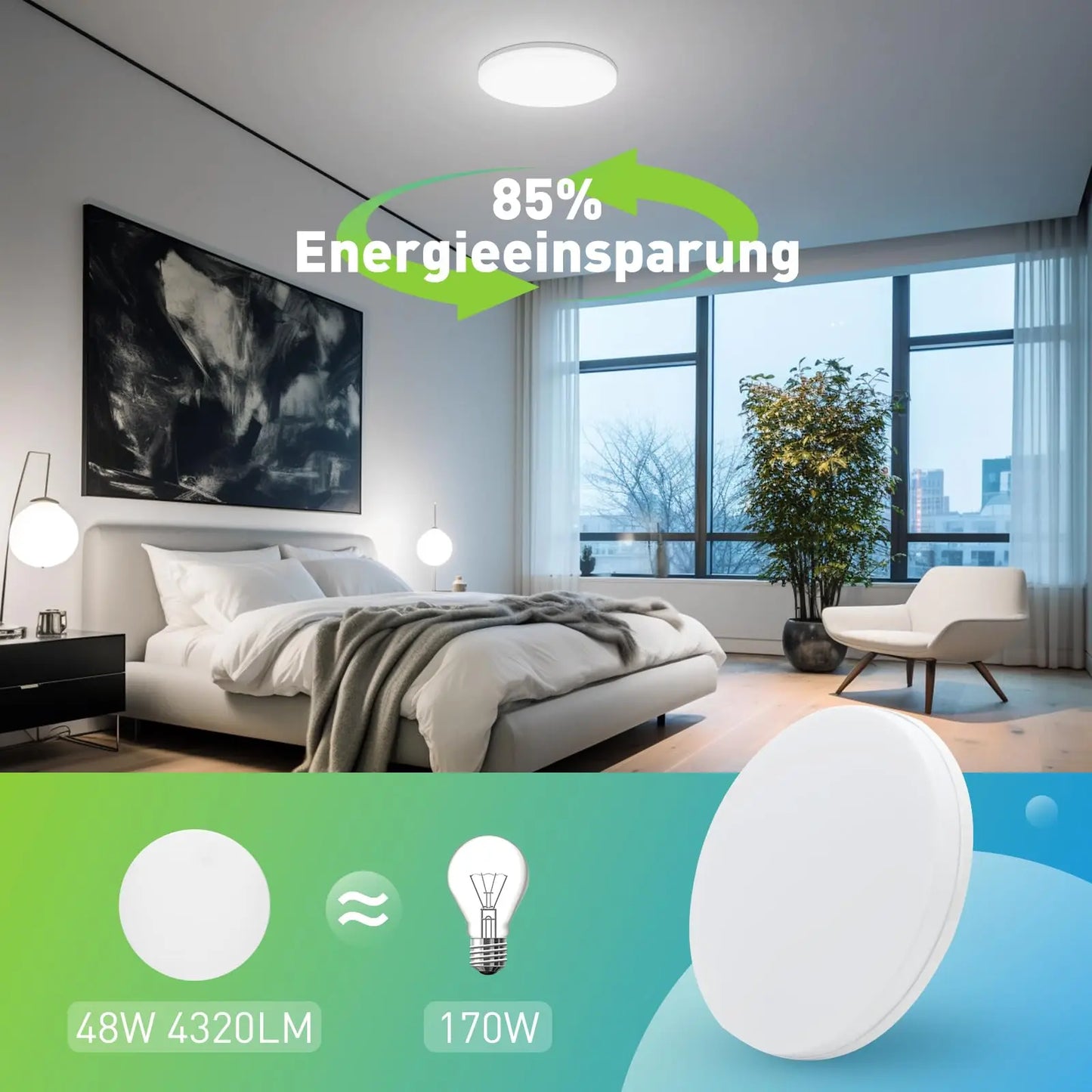Modern bedroom with energy-saving light fixture and text indicating energy savings.