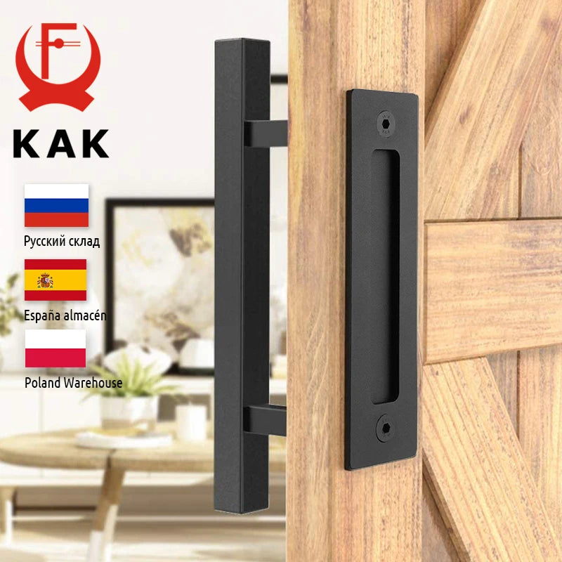 KAK 12" Matte Black Barn Door Handle & Flush Pull Set