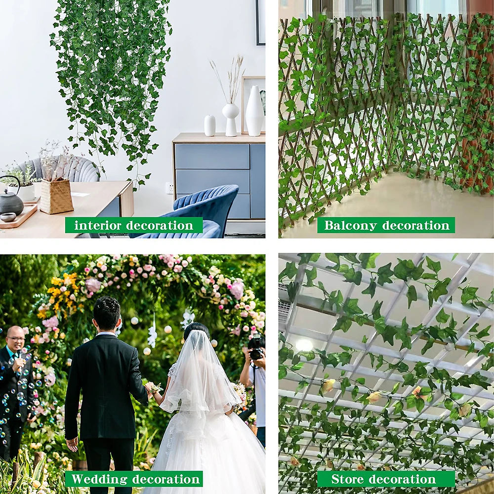 Collage of artificial greenery used for interior, balcony, wedding, and store decoration.