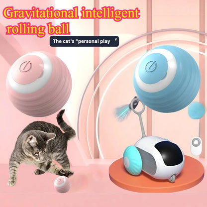 Gravitational intelligent rolling ball for cats with a cat interacting with it on a pink background.