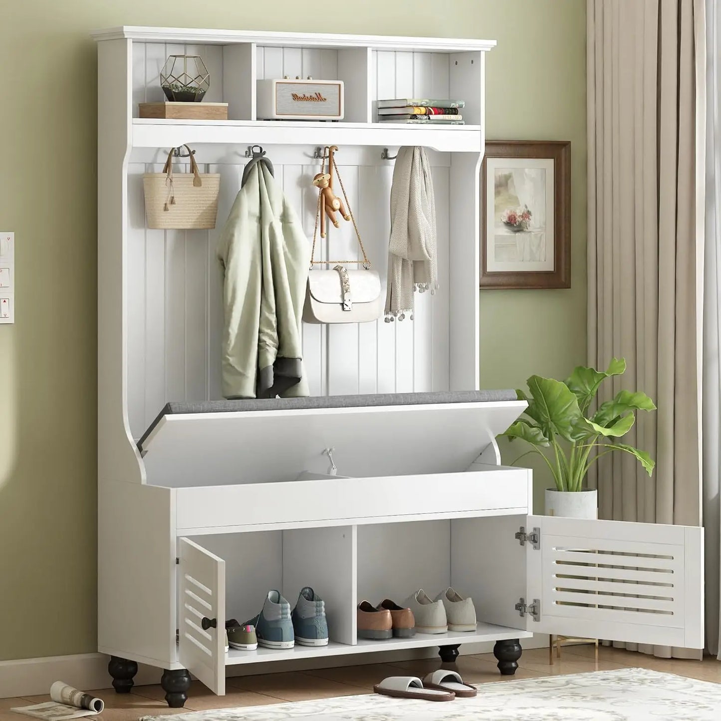 5-in-1 Hall Tree with Shoe Bench, Coat Hooks, and Farmhouse Style Storage