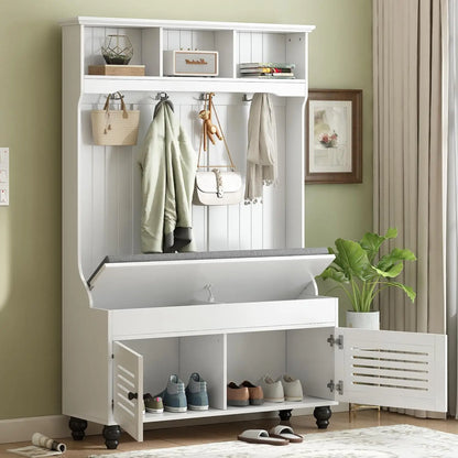 5-in-1 Hall Tree with Shoe Bench, Coat Hooks, and Farmhouse Style Storage