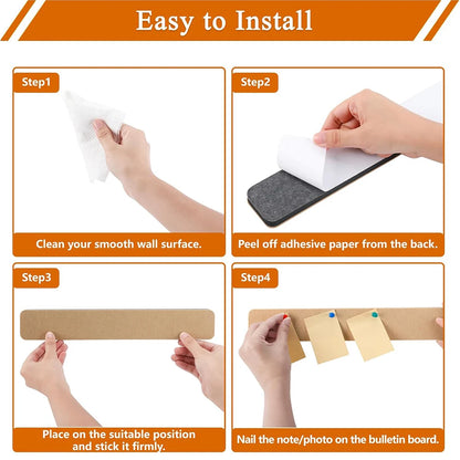 Step-by-step guide on how to install a bulletin board with hands performing each action.