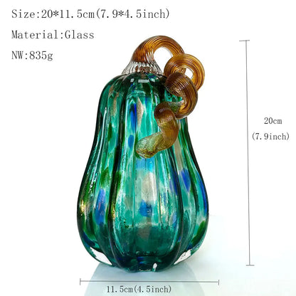 Artisan Handblown Glass Pumpkin – Sea Green &amp; Amber Spiral Stem
