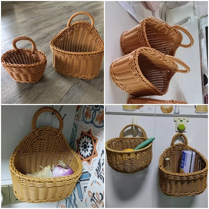 Collage of wicker baskets used for storage on a wooden floor and wall.