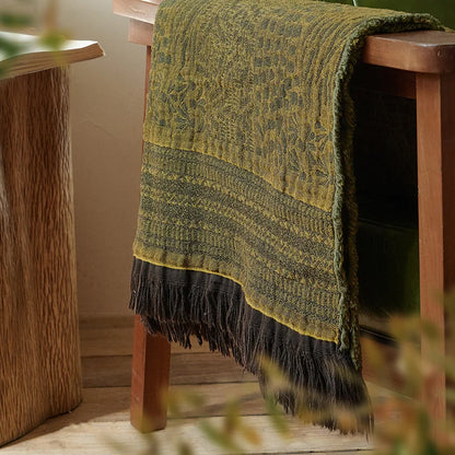 Vintage Jacquard Cotton Throw Blanket with Tassel Fringe
