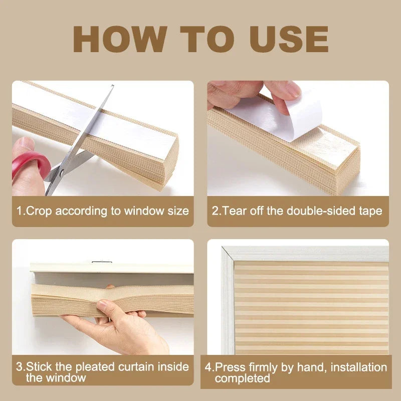 Step-by-step guide on how to use pleated curtains with text instructions.
