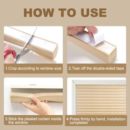 Step-by-step guide on how to use pleated curtains with text instructions.