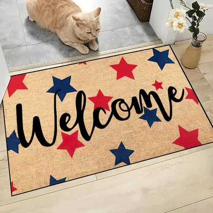 Doormat with 'Welcome' text and red and blue stars on a wooden floor, with a cat sitting on a step in the background.