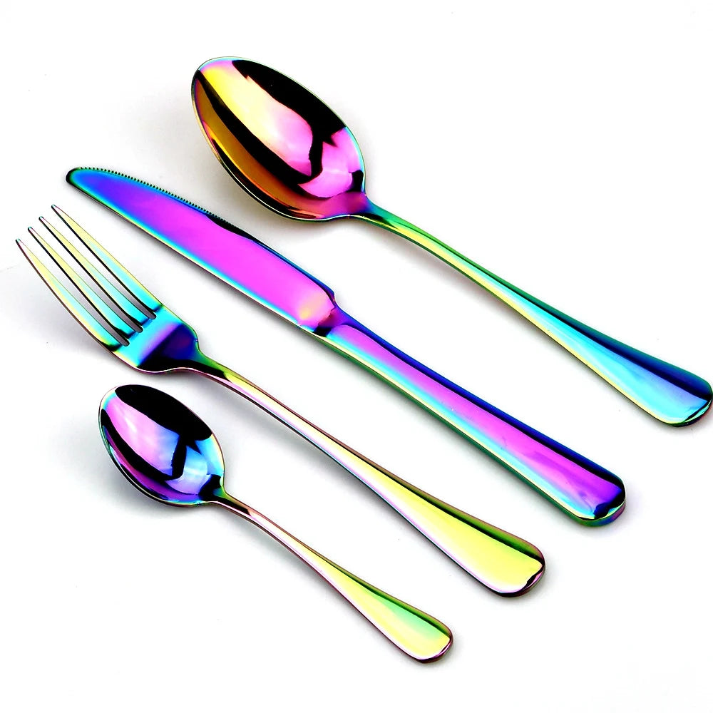 Rainbow Stainless Steel Flatware Set (4-Piece) – Modern Mirror-Polished Cutlery
