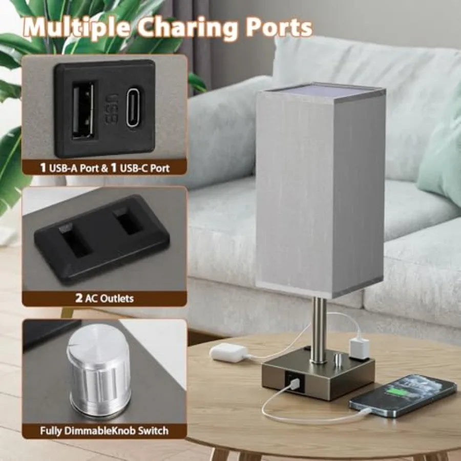 Table lamp with multiple charging ports and outlets on a table in a living room setting.