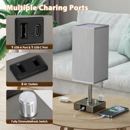 Table lamp with multiple charging ports and outlets on a table in a living room setting.